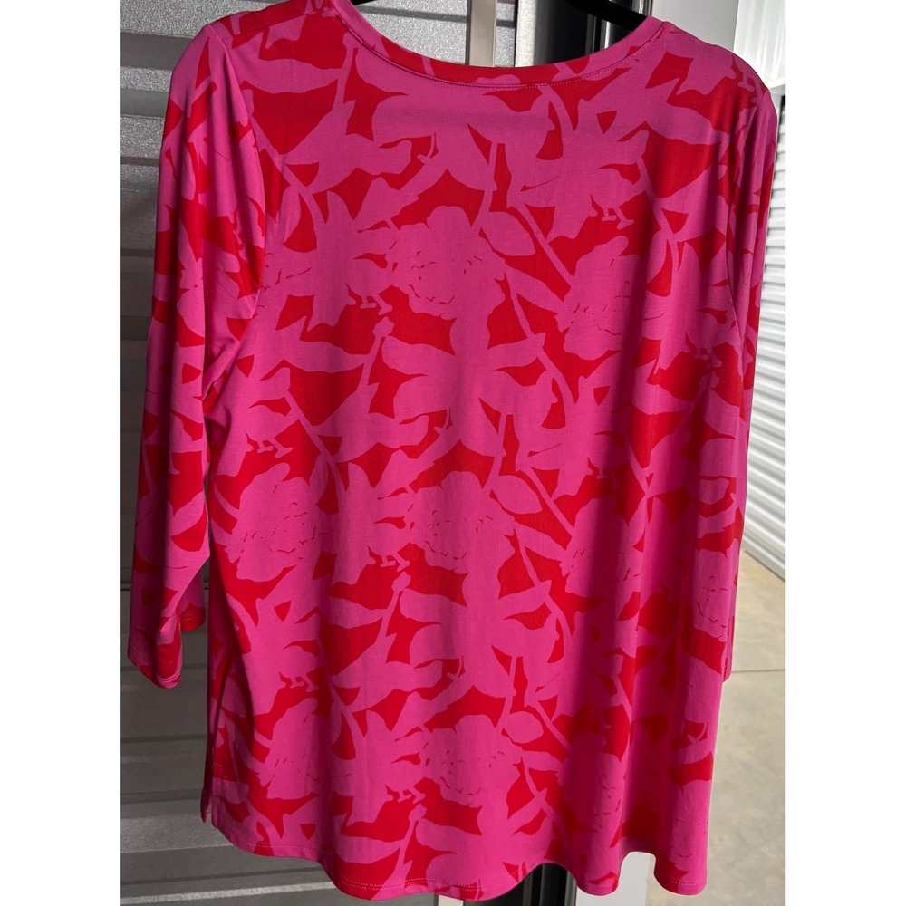 Belle by Kim Gravel Pink Red Floral Leaf V-Neck 3/4 Sleeve Top Large - Picture 4 of 6